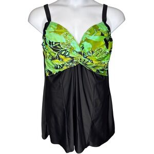 VTG 90s Carol Wior Womens Black Green Floral Slimming Swim Dress 20W Beachwear
